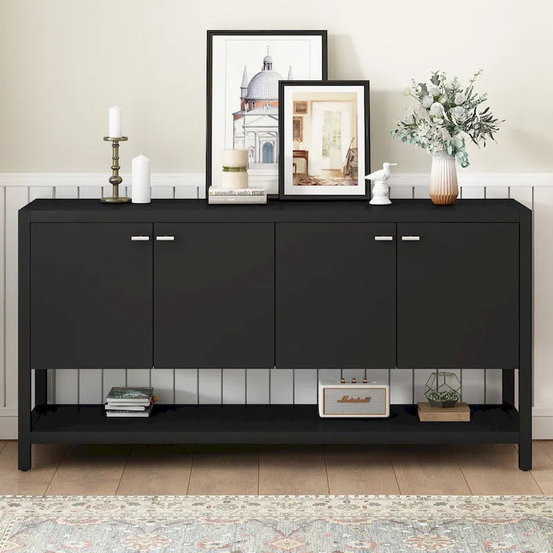 Modern Functional Entryway Console Table with Four-Door Storage and Open Shelf