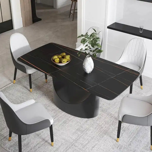 71 Tavolo da pranzo rettangolare con piano in pietra sinterizzata effetto marmo nero e base a piedistallo unico a U in acciaio al carbonio nero