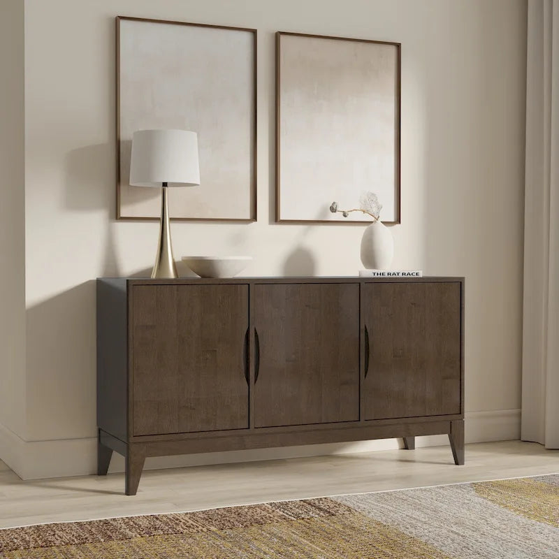 SOLID HARDWOOD 60 inch Wide Rectangle Modern 3 Door Sideboard Buffet / Storage Cabinet in Walnut Brown